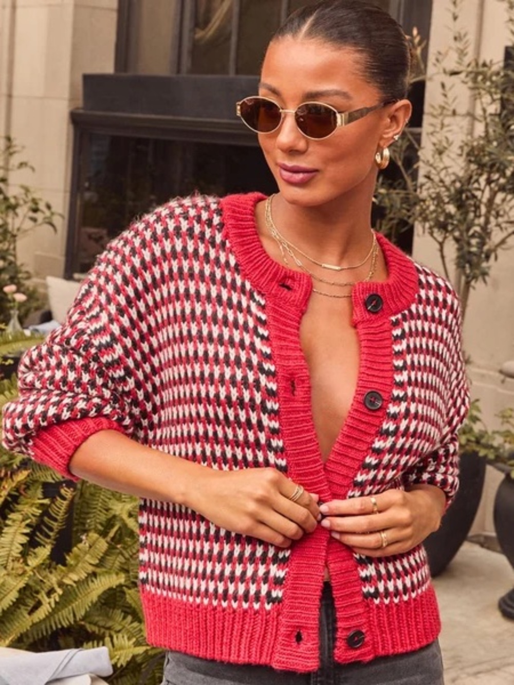 VICI Red Patterned Oversized Cardigan Size: XS